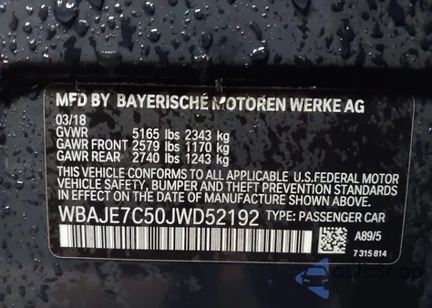 2018 BMW 540I xDrive из США, поврежденный, VIN WBAJE7C50JWD52192